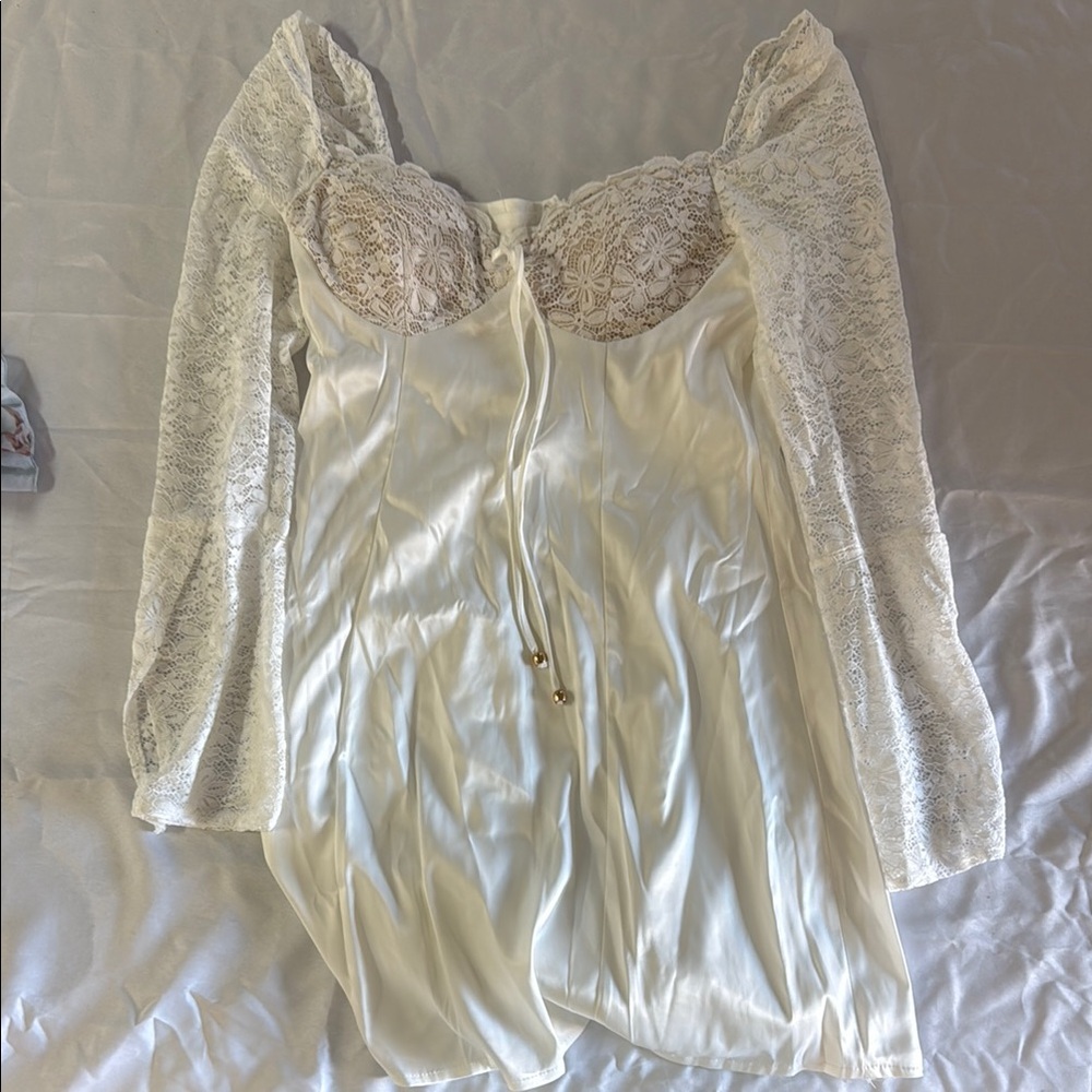 Cream Lace Mini Dress with Sheer Sleeves